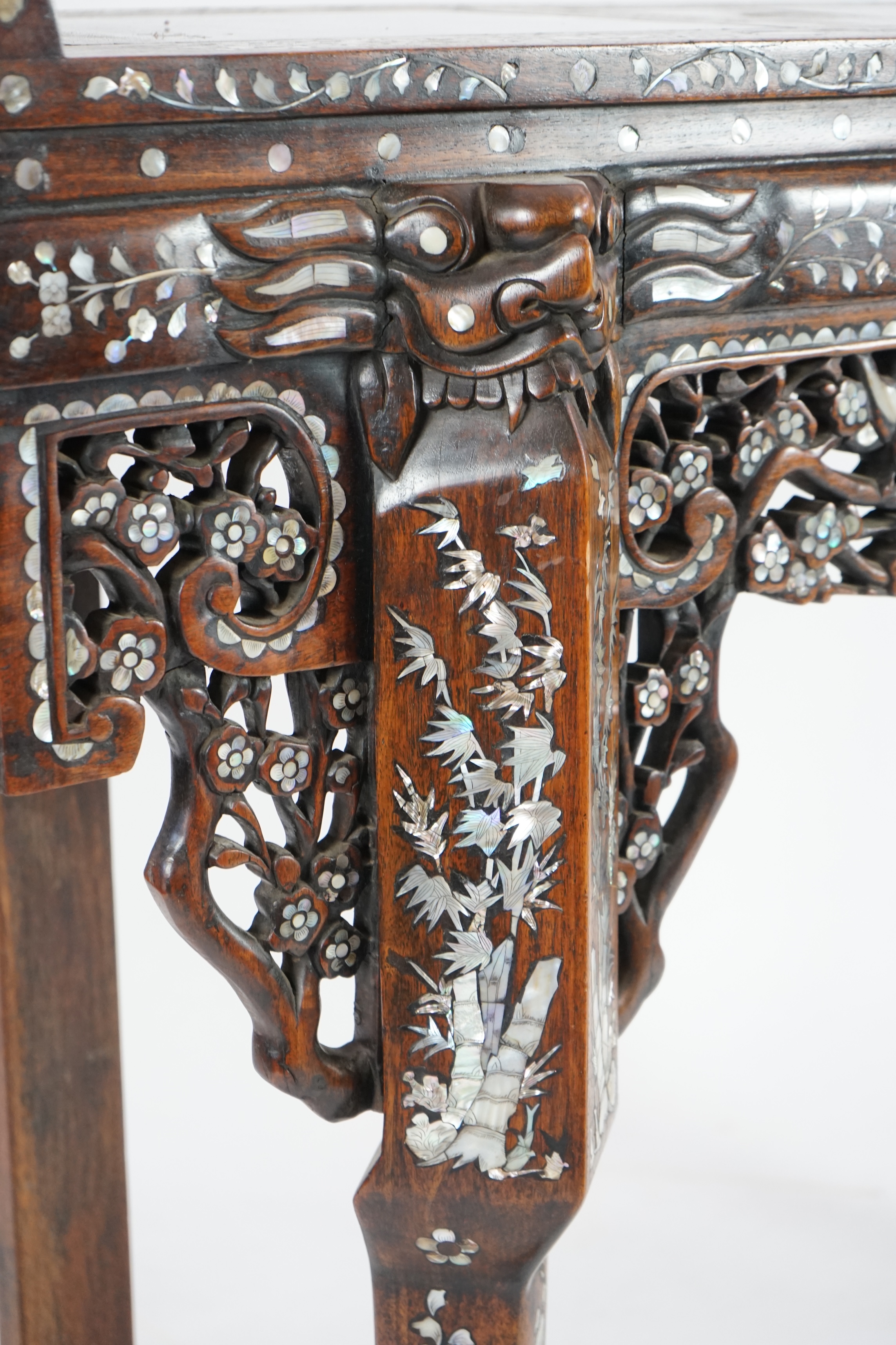 A good Chinese mother-of-pearl inlaid and marble topped hongmu altar table, late 19th/early 20th century